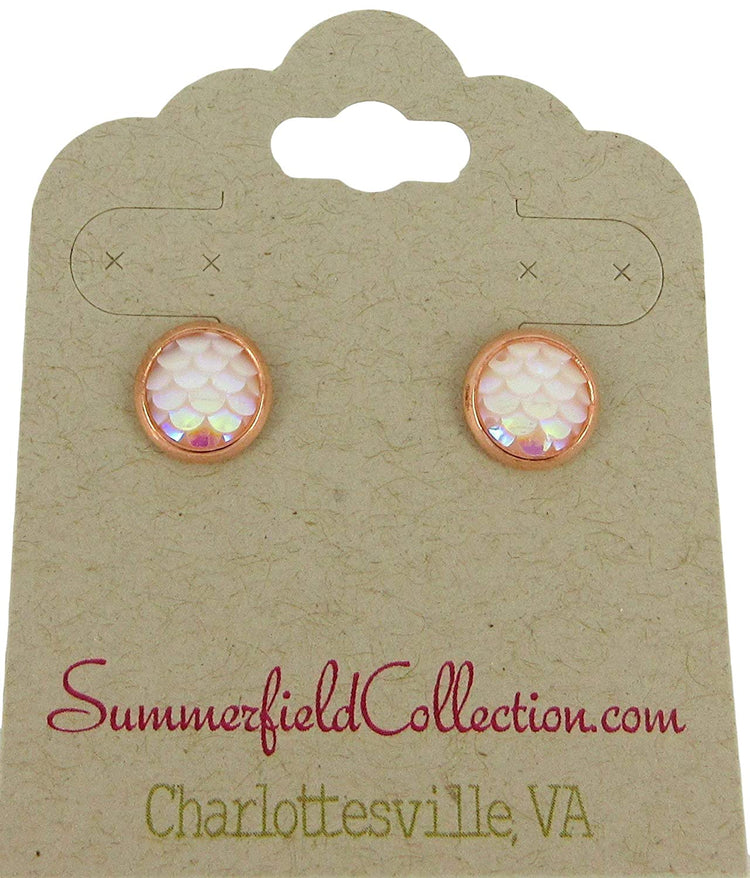 Rose Gold-tone Light Pink White AB Mermaid Scale Stud Earrings Dragon (8mm)