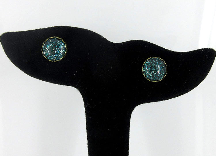 Antiqued Gold-tone Dark Teal Green Glitter Glass Stud Earrings Hand-painted 10mm