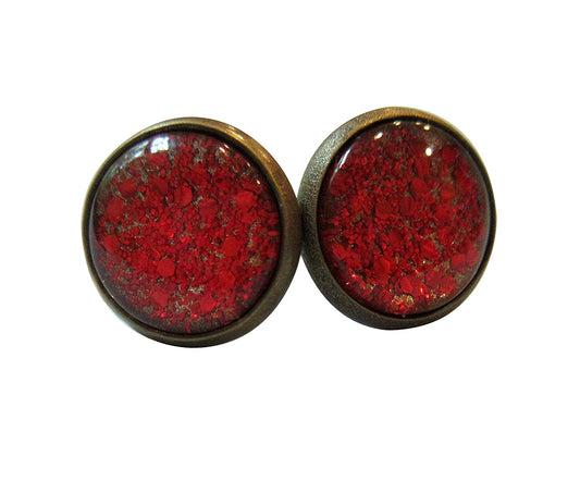 Antiqued Gold-tone Red Glitter Glass Stud Earrings Hand-painted 12mm