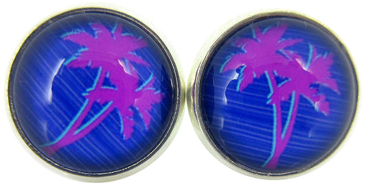Silver-tone Blue and Pink Palm Tree Print Glass Stud Earrings 12mm