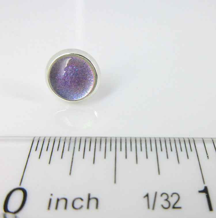 Silver-tone Pastel Purple Color Shift Glitter Glass Stud Earrings Hand-painted 8mm