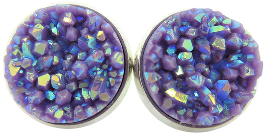 Silver-tone Lavender Purple AB Faux Druzy Stone Stud Earrings 12mm
