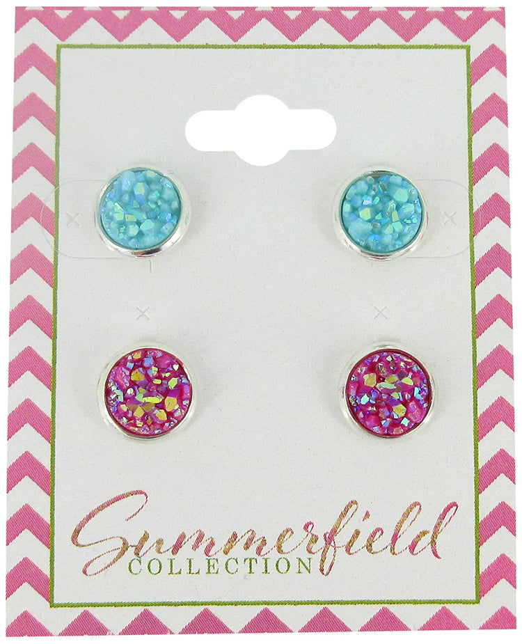 Duo Silver-tone Faux Druzy Stone Stud Earrings 8mm Set (Aqua Blue/Deep Pink AB)