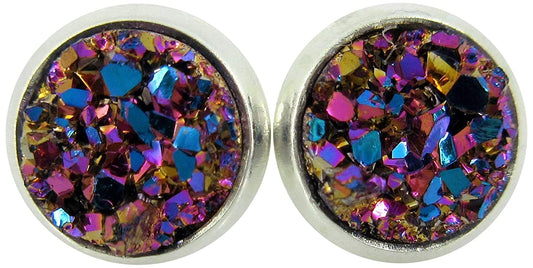 Silver-tone Pink and Teal Faux Druzy Stone Stud Earrings 8mm