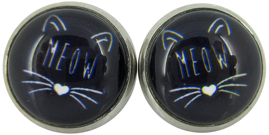 Stainless Steel Black Cat Face Print Glass Stud Earrings 12mm