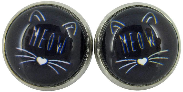Stainless Steel Black Cat Face Print Glass Stud Earrings 12mm