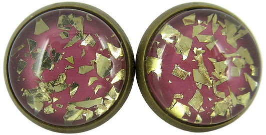 Antiqued Gold-tone Plum Berry Glitter Glass Stud Earrings 12mm Hand-painted