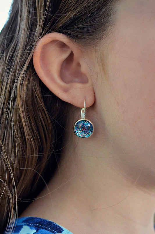 Silver-tone Blue and Pink Confetti Glitter Glass Lever-back Drop Earrings Hand-painted