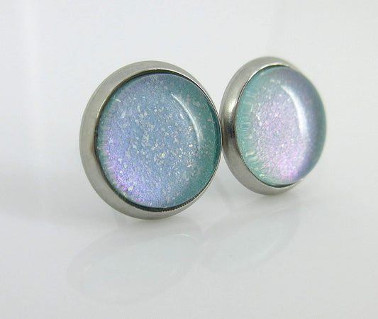 Stainless Steel Light Aqua Mint Glitter Glass Stud Earrings Hand-painted 10mm