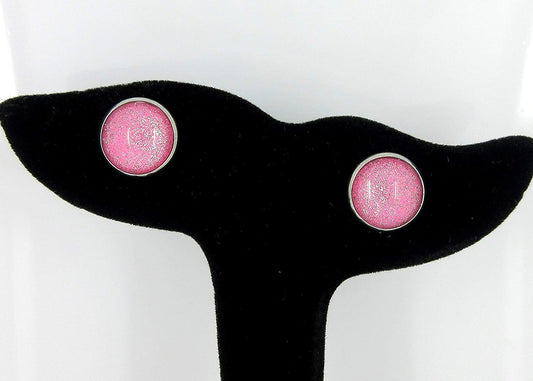 Stainless Steel Pink and Silver Glitter Glass Stud Earrings Hand-painted 12mm