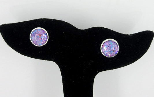 Silver-tone Purple Unicorn Mix Glitter Glass Stud Earrings Hand-painted 10mm