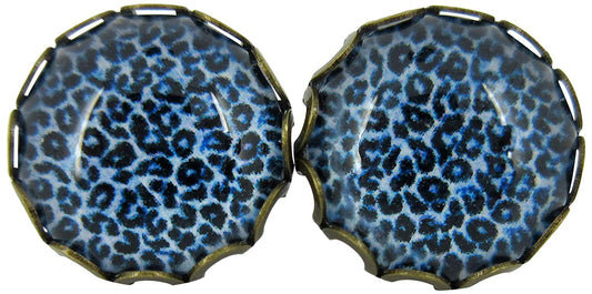 Antiqued Gold-tone Medium Sky Blue Animal Print Glass Stud Earrings 12mm