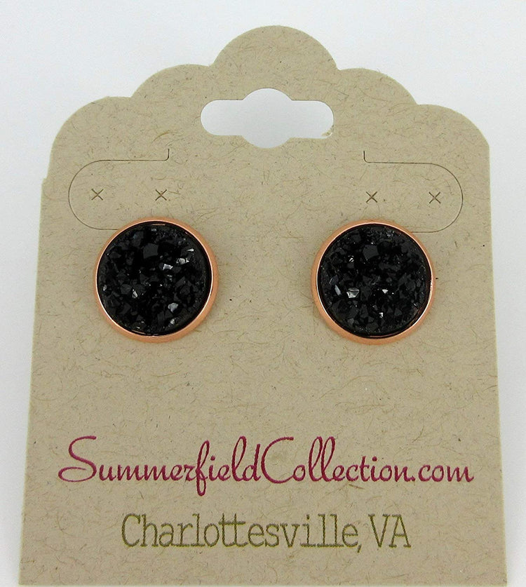 Rose Gold-tone Black Faux Druzy Stone Stud Earrings 12mm