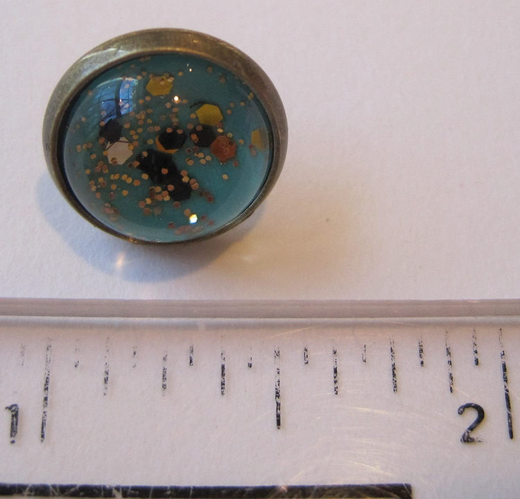 Antiqued Gold-tone Mint Green and Black Glitter Glass Stud Earrings Hand-painted 12mm