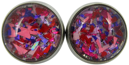 Stainless Steel Pink Purple Red Metallic Shard Glitter Glass Stud Earrings Hand-painted 10mm