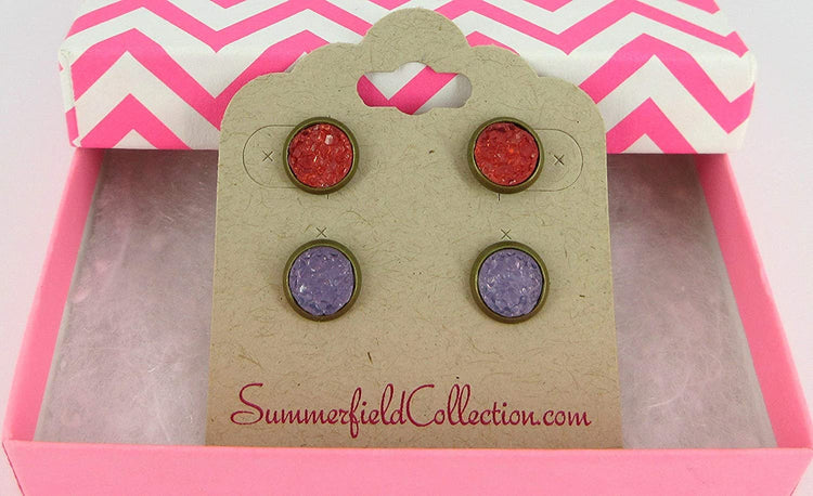 Duo Antiqued Gold-tone Red and Purple Faux Druzy Stone Stud Earrings 8mm Set