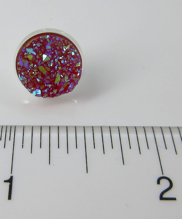 Trio Silver-tone Stud Earrings Faux Druzy Stone Red Dark Pink Blue Set 12mm