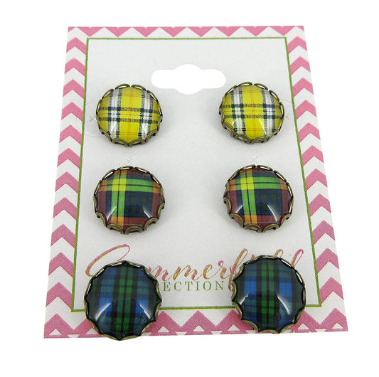 Antiqued Gold-tone Trio Plaid Print Glass Stud Earrings 12mm Set