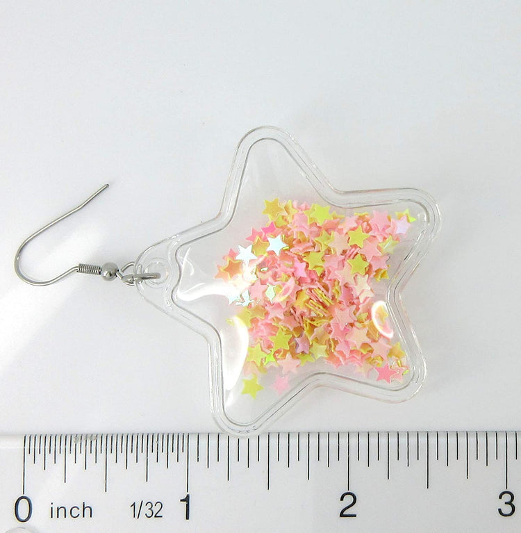 Confetti Glitter Shaker Large Star Dangle Earrings Stainless Steel (Pink/Yellow)