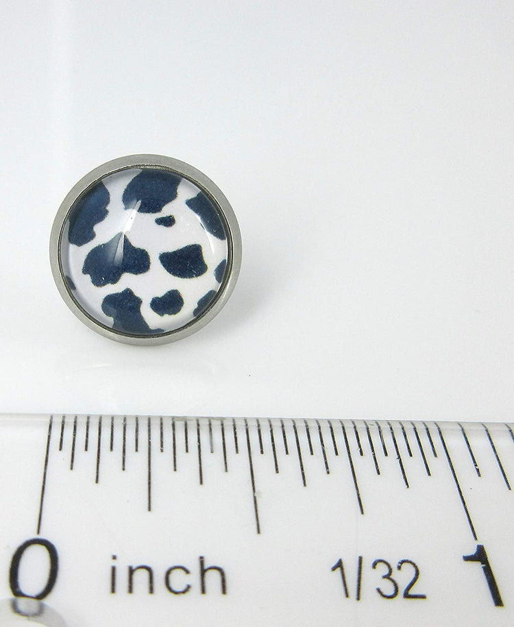 Stainless Steel Black Cow Animal Print Glass Stud Earrings 12mm