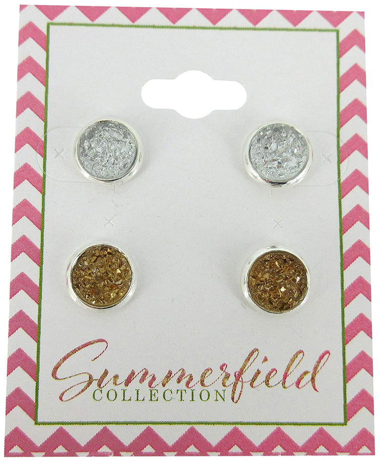 Duo Silver-tone Faux Druzy Stone Stud Earrings 8mm Set (Aqua Blue/Deep Pink AB)