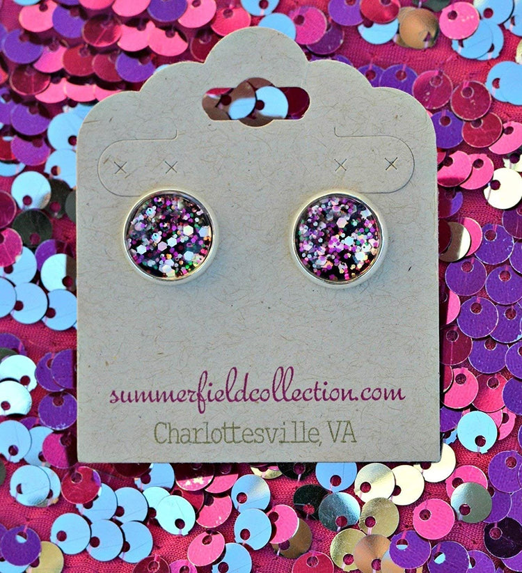 Silver-tone Preppy Mix Glitter Glass Stud Earrings Hand-painted 12mm