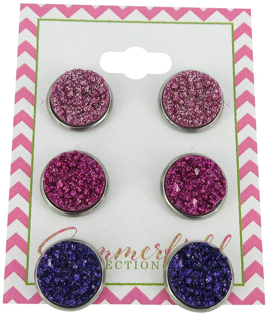 Stainless Steel Pink and Purple Glitter Faux Druzy Stone Stud Trio Earrings Set
