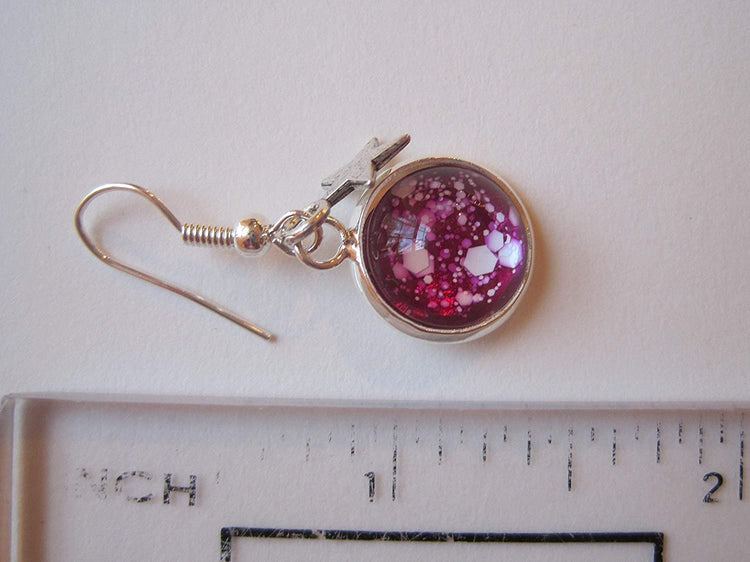 Silver-tone Magenta Pink and White Glitter Glass Star Galaxy Dangle Earrings