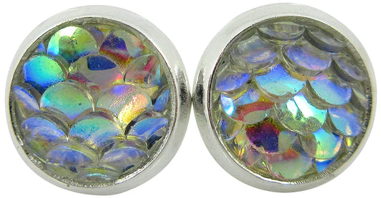Silver-tone Metallic Mermaid Scale Stud Earrings 8mm (Blue/Green)