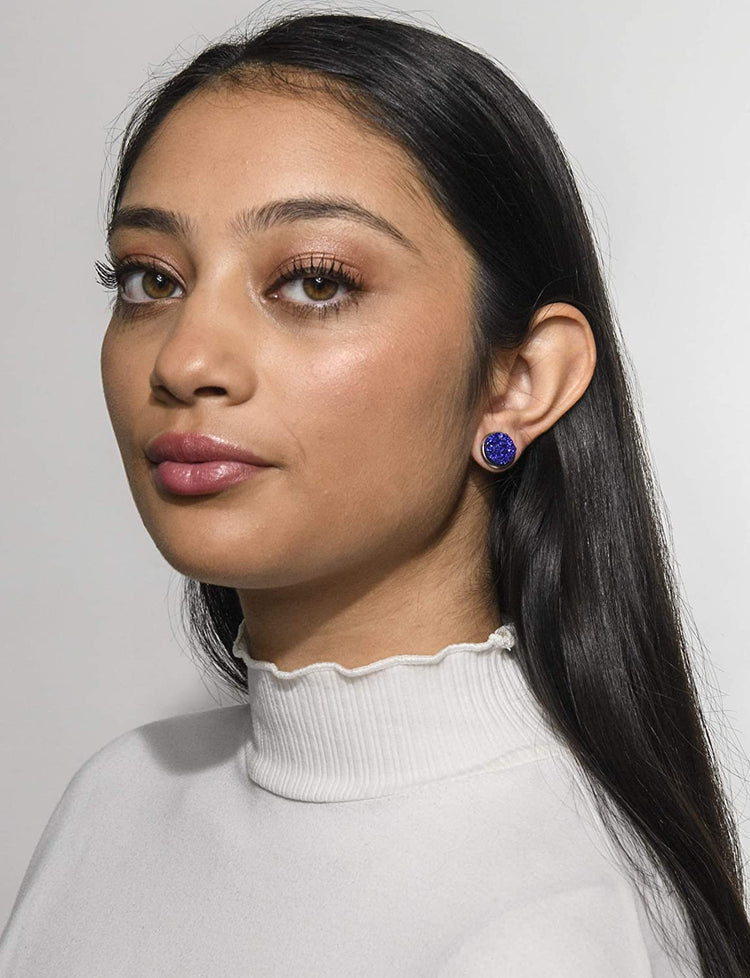 Duo Stainless Steel Glitter Faux Druzy Stone Stud Earrings Set