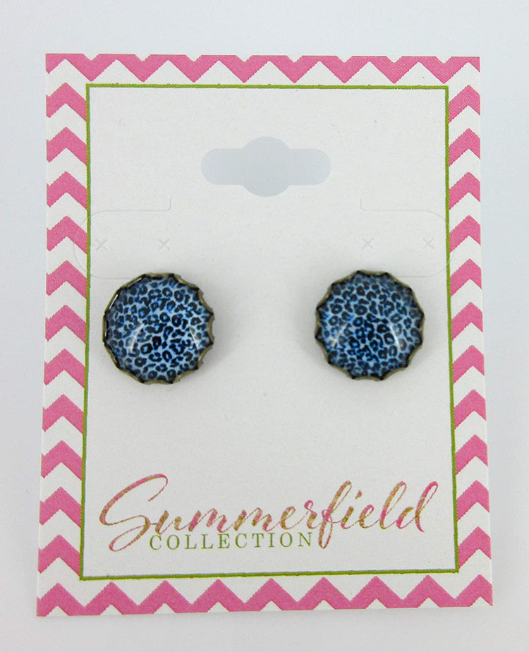 Antiqued Gold-tone Medium Sky Blue Animal Print Glass Stud Earrings 12mm