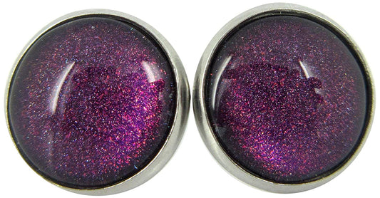 Stainless Steel Purple and Red Glitter Glass Stud Earrings Hand-painted 12mm