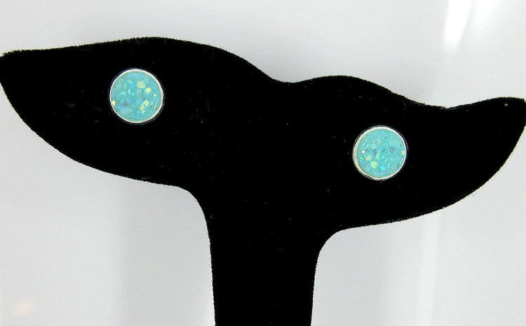Silver-tone Pastel AB Faux Druzy Stone Stud Earrings 8mm (Aqua Blue)