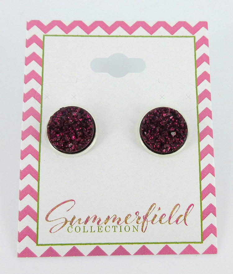 Silver-tone Maroon with Pink Glitter Faux Druzy Stone Stud Earrings (12mm)