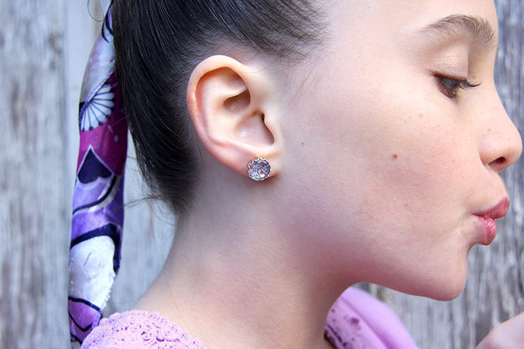 Silver-tone Gray Pink and White Glitter Glass Stud Earrings Hand-painted 10mm