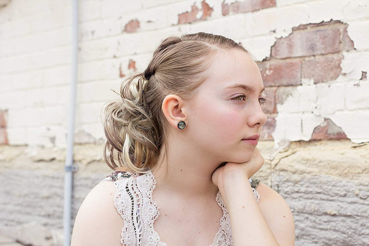 Antiqued Gold-tone Black Glitter Glass Galaxy Stud Earrings 12mm Hand-painted