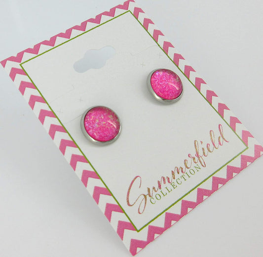 Stainless Steel Hot Pink and Iridescent Glitter Glass Stud Earrings Hand-painted 10mm