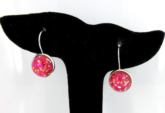 Silver-tone Metallic Glitter Resin Lever-back Drop Earrings 12mm (Pink)