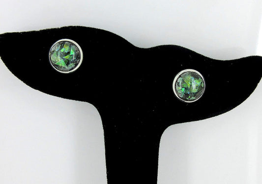 Shiny Silver-tone Black and Opalescent Leaf Resin Stud Earrings 10mm