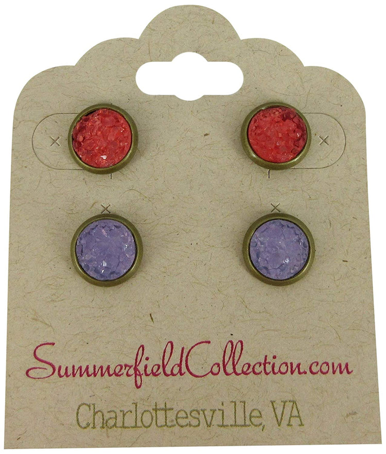 Duo Antiqued Gold-tone Red and Purple Faux Druzy Stone Stud Earrings 8mm Set