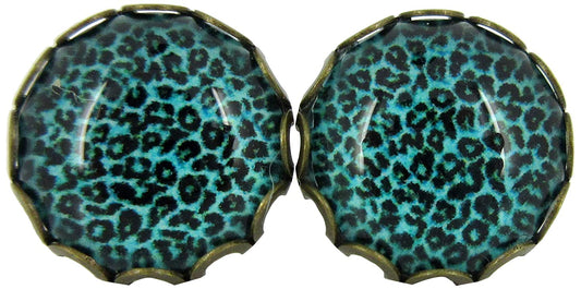 Antiqued Gold-tone Aqua Blue Animal Print Glass Stud Earrings 12mm