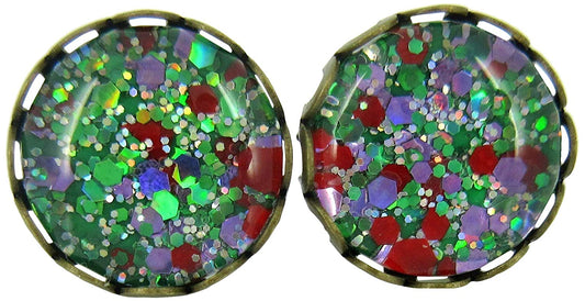 Antiqued Gold-tone Green Purple Red Glitter Glass Stud Earrings Hand-painted 10mm