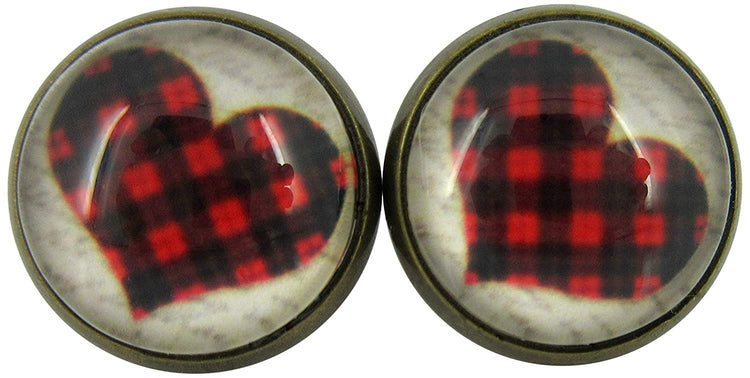 Antiqued Gold-tone Buffalo Plaid Heart Print Glass Stud Earrings 12mm