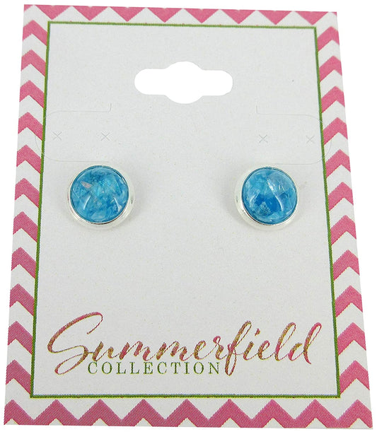 Shiny Silver-tone Aqua Blue and Opalescent Leaf Resin Stud Earrings 8mm