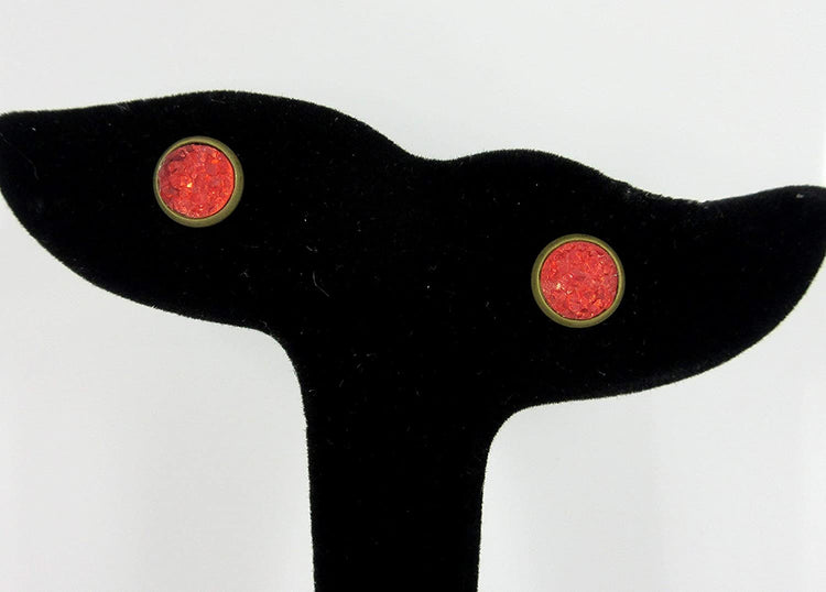 Duo Antiqued Gold-tone Red and Purple Faux Druzy Stone Stud Earrings 8mm Set