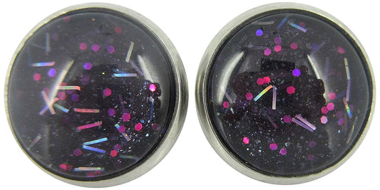 Stainless Steel Navy Blue and Pink Glitter Glass Stud Earrings Hand-painted 12mm