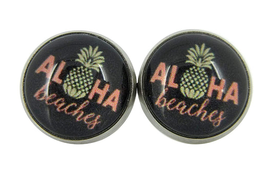 Stainless Steel Aloha Beaches Pineapple Print Glass Stud Earrings 12mm