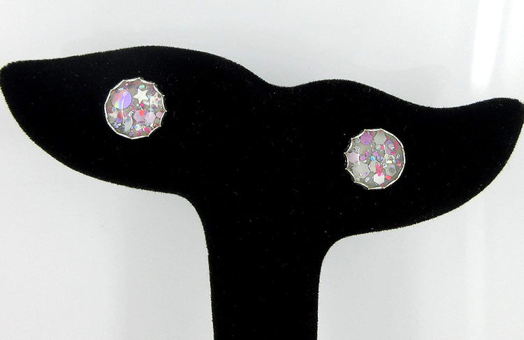 Silver-tone Gray Pink and White Glitter Glass Stud Earrings Hand-painted 10mm