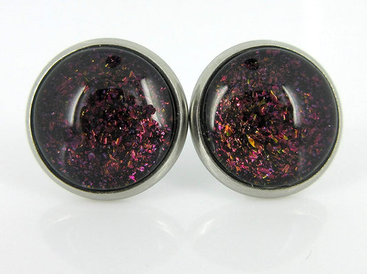 Stainless Steel Black Rainbow Duochrome Glitter Glass Galaxy Stud Earrings 1/2" Round