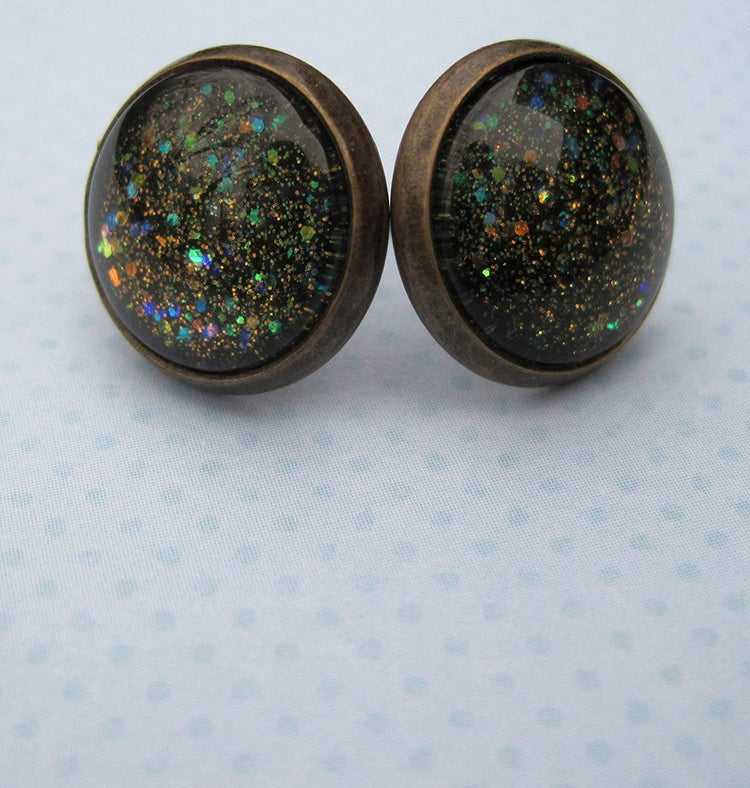 Antiqued Gold-tone Black Glitter Glass Galaxy Stud Earrings 12mm Hand-painted